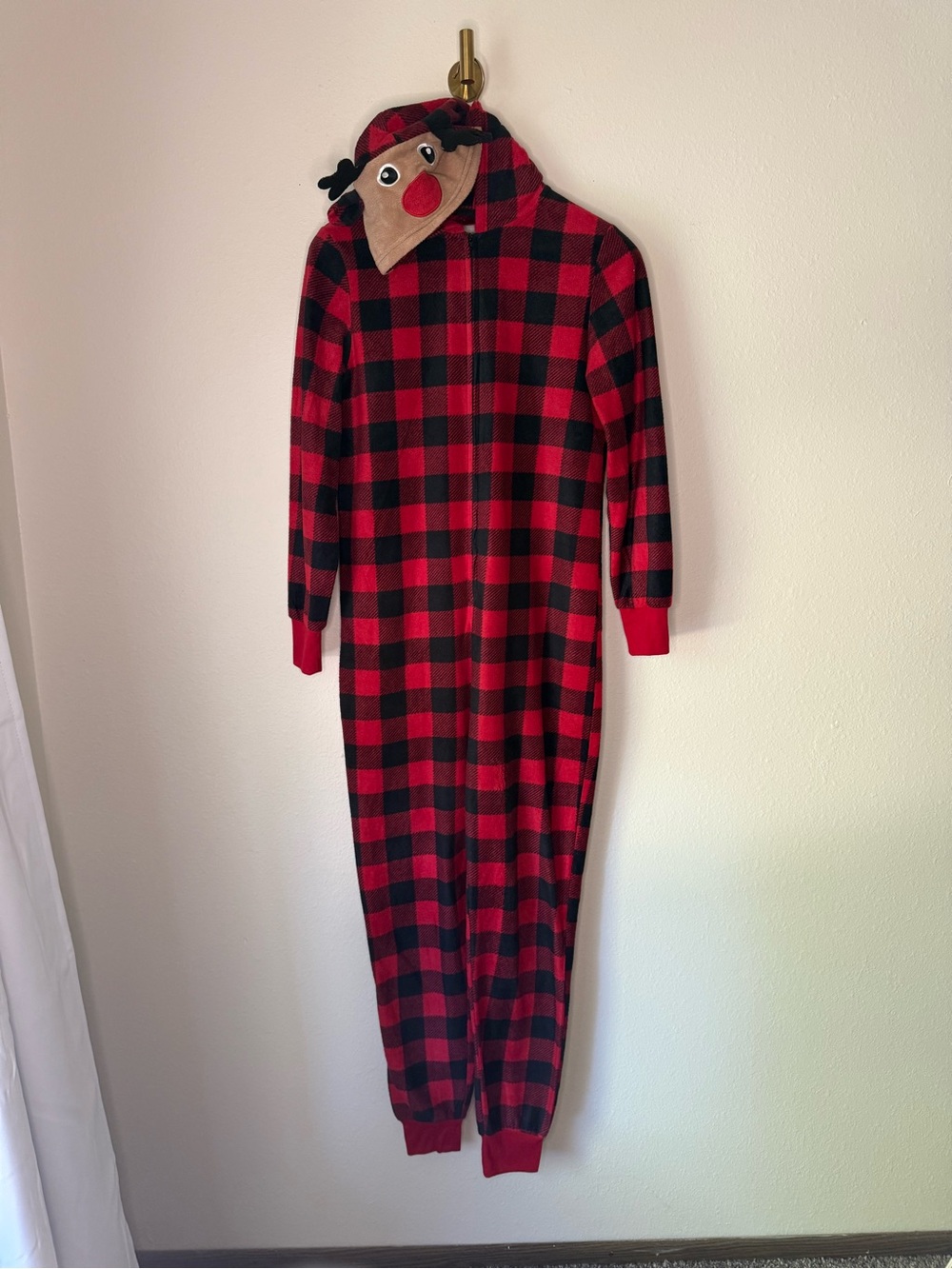 Holiday #FamJams Red Black Buffalo Plaid Reindeer Hood One Piece Pajamas size S